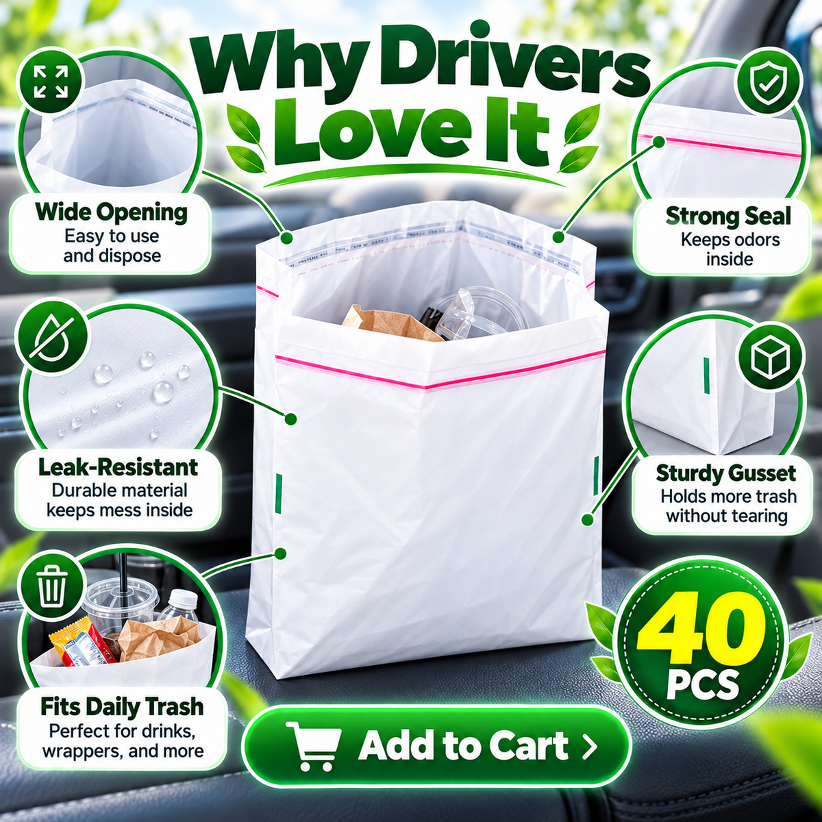 🚗 40-Pack Self-Adhesive Car Trash Bags – Leak-Resistant & Secure