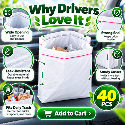 🚗 40-Pack Self-Adhesive Car Trash Bags – Leak-Resistant & Secure