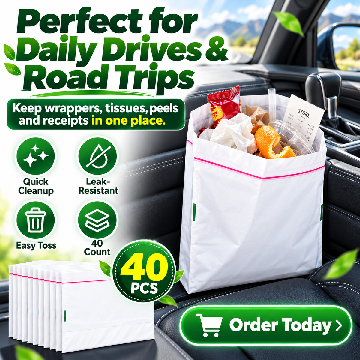 🚗 40-Pack Self-Adhesive Car Trash Bags – Leak-Resistant & Secure